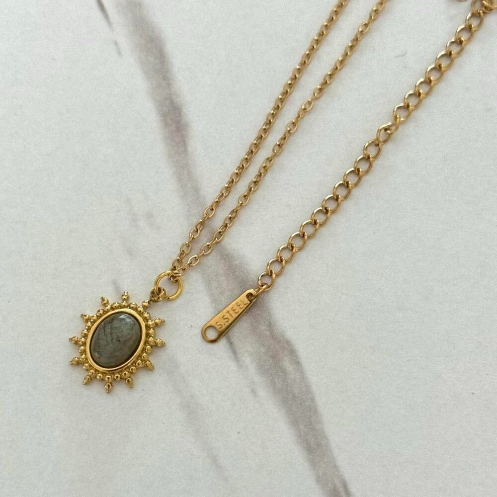 Sku0531Retro Gold/Green Gem stone Women Pedant Necklace stainless steel gift box